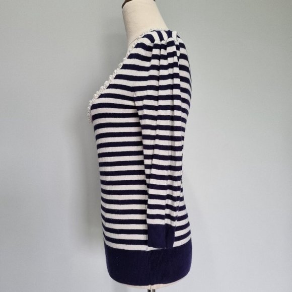 Review Blue & White Stripe Beaded Scoop Neck 3/4 Sleeve Jumper Size XS - Picture 3 of 7
